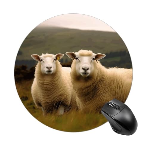Rundes Mauspad, kleines Mauspad, Mauspad mit zwei weißen Schafen, rutschfeste Gummiunterseite für kabellose Maus, Gaming-Arbeit Rundes Mauspad, kleines Mauspad, Mauspad mit zwei weißen Schafen, rutschfeste Gummiunterseite für kabellose Maus, Gaming-Arbeit von BWQSKL