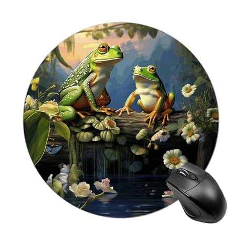 Rundes Mauspad, kleines Mauspad, Mousepad mit vielen Fröschen, die auf den Ästen singen, Sommerschmetterlinge, See, Wasser, rutschfeste Gummiunterseite für kabellose Maus, Gaming, Arbeit Rundes Mauspad, kleines Mauspad, Mousepad mit vielen Fröschen, die auf den Ästen singen, Sommerschmetterlinge, See, Wasser, rutschfeste Gummiunterseite für kabellose Maus, Gaming, Arbeit von BWQSKL