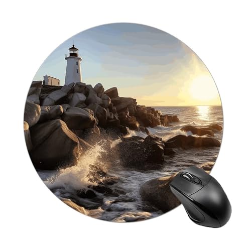 Rundes Mauspad, kleines Mauspad, mit Leuchtturm, Felsen, Meer, rutschfeste Gummiunterseite für kabellose Maus, Gaming, Arbeit Rundes Mauspad, kleines Mauspad, mit Leuchtturm, Felsen, Meer, rutschfeste Gummiunterseite für kabellose Maus, Gaming, Arbeit von BWQSKL
