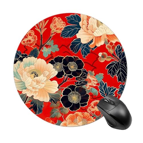 Rundes Mauspad, kleines Mauspad, mit tiefroten Blumenbildern, rutschfeste Gummiunterseite für kabellose Maus, Gaming-Arbeit Rundes Mauspad, kleines Mauspad, mit tiefroten Blumenbildern, rutschfeste Gummiunterseite für kabellose Maus, Gaming-Arbeit von BWQSKL