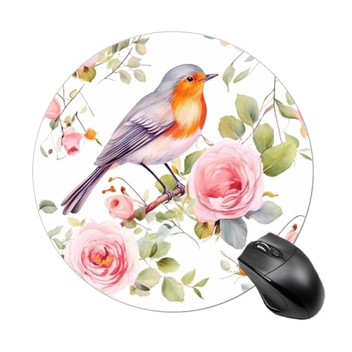 Rundes Mauspad, kleines Mauspad mit Blumendruck, Aquarell, Rotkehlchen, Vogel, rutschfeste Gummiunterseite für kabellose Maus, Gaming, Arbeit Rundes Mauspad, kleines Mauspad mit Blumendruck, Aquarell, Rotkehlchen, Vogel, rutschfeste Gummiunterseite für kabellose Maus, Gaming, Arbeit von BWQSKL
