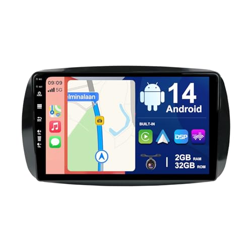 BXLIYER 9 Zoll Android 14 Autoradio für Benz Smart 453 Fortwo (2014-2020) - Rückfahrkamera KOSTENLOS - 2G+32G - 2 Din - DAB Lenkradsteuerung WiFi Carplay Android Auto DSP Split-Screen 4G Bluetooth von BXLIYER