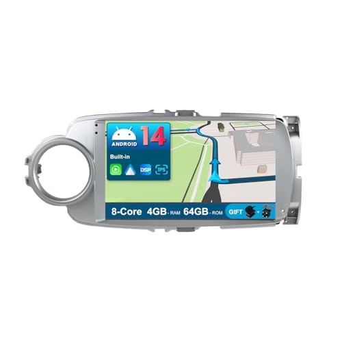 BXLIYER Android 14 IPS Autoradio Passt für Toyota Yaris GRMN (2011-2018) - 4G+64G - Eingebaut DSP/Carplay/Android Auto - Kamera + MIC - 9 Zoll 2 Din - Lenkradsteuerung DAB 360-Kamera Fast-boot WIFI BT von BXLIYER
