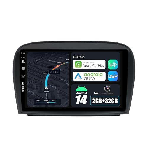 BXLIYER Android 14 Autoradio für Mercedes SL R230 (2005-2012) - Kabellos CarPlay Android Auto - Rückfahrkamera - 2G+32G - IPS 9 Zoll 2 Din DAB Lenkradsteuerung Dual-Band WiFi DSP DAB Bluetooth 2 Din von BXLIYER