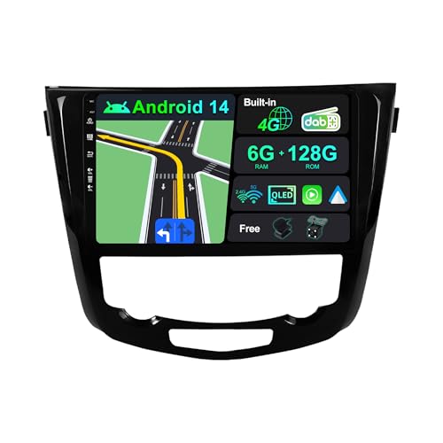 BXLIYER | Eingebaut 4G LTE & DAB | Android 14 QLED Autoradio für Nissan X-Trail Qashqai J11 Rouge(2014-2018)| 6G+128G | Carplay Android Auto | Kamera + MIC | Dual Band WiFi | 10.1 Zoll | 8-Core 2 Din von BXLIYER