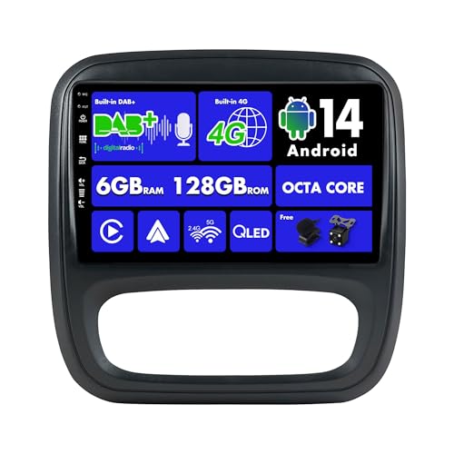 SXAUTO Android 14 - [Built-in 4G LTE & DAB] - 6G+128G - Autoradio für Renault trafic 3 / Opel Vivaro B (2014-2021) - Dual Band WiFi - CarPlay Android Auto - Kamera + MIC - SWC DSP - QLED 9 Zoll 2 Din von BXLIYER