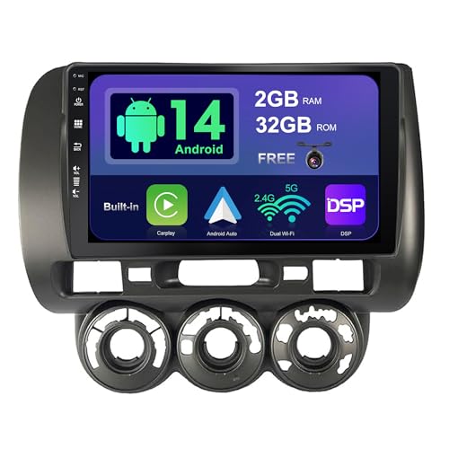 SXAUTO Android 14 IPS Autoradio für Honda Fit (2004-2007) / Honda Jazz (2001-2006) - Eingebaut CarPlay/Android Auto - Rückfahrkamera KOSTENLOS - 2G+32G - Lenkradsteuerung DAB Fast-Boot 2 Din 9 Zoll von BXLIYER
