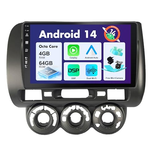 SXAUTO Android 14 IPS Autoradio für Honda Fit (2004-2007) / Honda Jazz (2001-2006) - Eingebaut Carplay/Android Auto/DSP - LED Kamera + MIC - 4G+64G - 360-CAM Lenkradsteuerung Fast-Boot - 2 Din 9 Zoll von BXLIYER