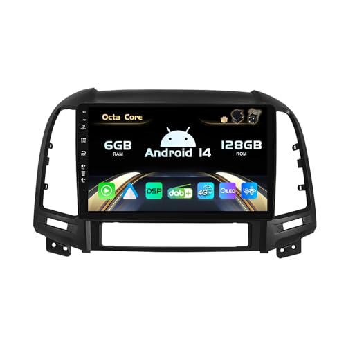 SXAUTO -[Built-in 4G / DAB]- Android 14-6G+128G - Autoradio für Hyundai Santa FE (2006-2012) - Eingebaut Carplay/Android Auto - Kamera + MIC - 360-CAM Lenkradsteuerung Fast-Boot HDMI - 2 Din IPS 9” von BXLIYER