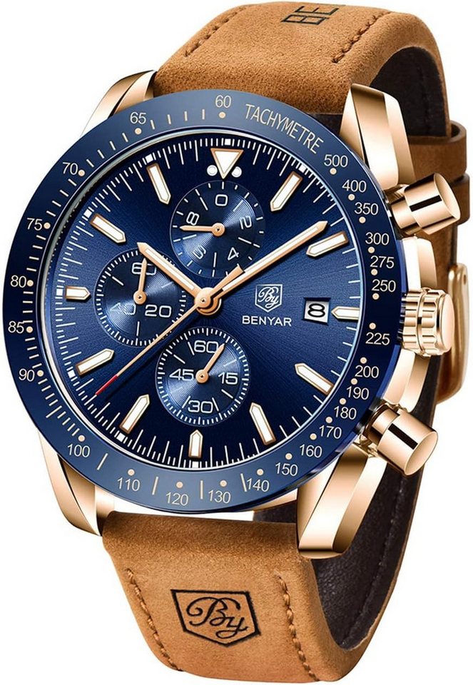 BY BENYAR Fur Herren Quarz Sport Chronograph Mode Marken Business Watch, Wasserdicht Kratzfest Analog Automatik Datum Elegantes von BY BENYAR