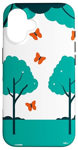 Schmetterlinge und Bäume abstraktes Design in Blaugrün und Weiß Hülle für iPhone 16 von BY CRADOX CREATIVE