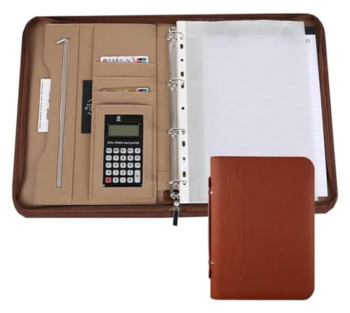 BYALORTEX Konferenzmappe, mit Reißverschluss 4-Ring-Organizer Lederordner Präsentationsschlitz Taschenrechner for Fotohalter Stift(Brown) von BYALORTEX
