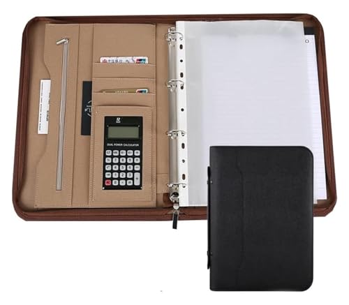 Konferenzmappe, mit Reißverschluss 4-Ring-Organizer Lederordner Präsentationsschlitz Taschenrechner for Fotohalter Stift(Black) von BYALORTEX