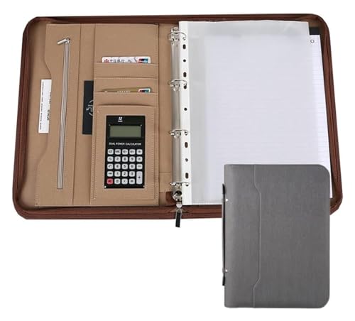 Konferenzmappe, mit Reißverschluss 4-Ring-Organizer Lederordner Präsentationsschlitz Taschenrechner for Fotohalter Stift(Grey) von BYALORTEX