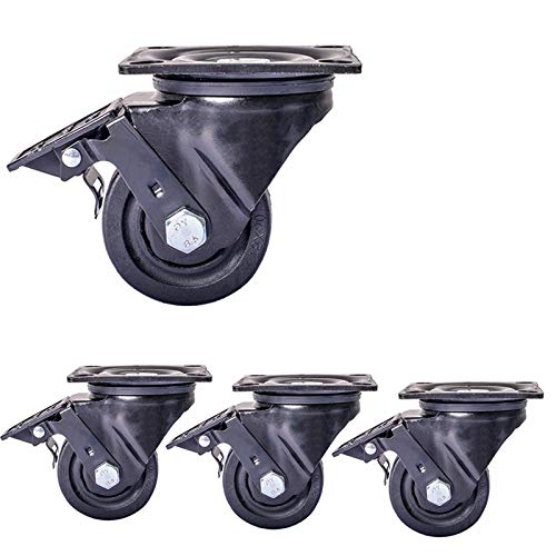 Lenkrolle Räder Trolley, 4 x leise Nylonräder, Universal-Drehgelenk, 2 Zoll 50 mm, Schwerlast 900 kg, Industrieplatte mit Stahlhalterung(Black,2.5inch 4brake) von BYALORTEX