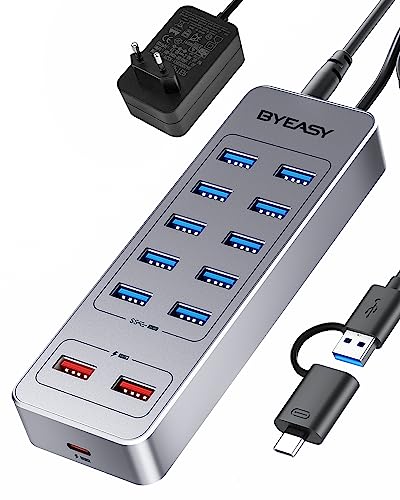 BYEASY Powered USB Hub, 13-Port USB 3.0 Data Hub mit 10*USB 3.0 Ports, 2*USB A Lade Ports und 1*USB C Lade Port, USB Splitter Powered mit 12V3A Adapter für Laptop, Tablet, USB Flash Drives von BYEASY