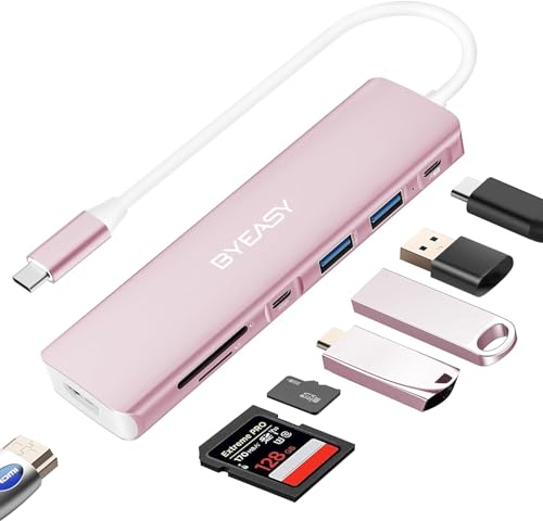 BYEASY USB C Hub, 7 in 1 USB C Splitter mit 4K HDMI, SD/TF Kartenleser, 100W Power Delivery, 0.71ft Kabel Ultra Slim USB C Adapter Kompatibel für Laptop und andere Typ C Geräte Rosa von BYEASY