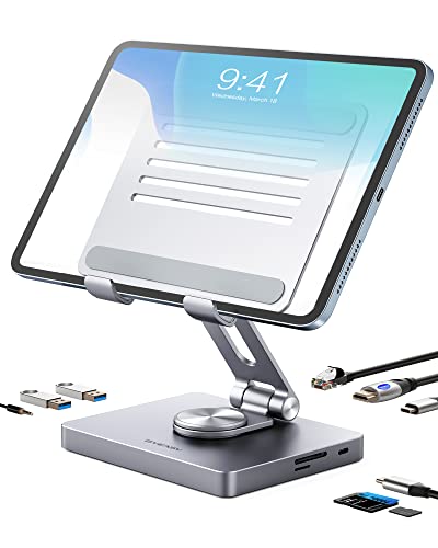 BYEASY USB C Hub Ständer, 8 in 1 Laptop Dockingstation, Typ-C Tablet Ständer mit HDMI, 3.5 mm Klinke, LAN, 100 W PD Aufladung, 2 x USB 3.0, SD/Micro SD, für iPad Pro und Anderen USB-C Pad von BYEASY
