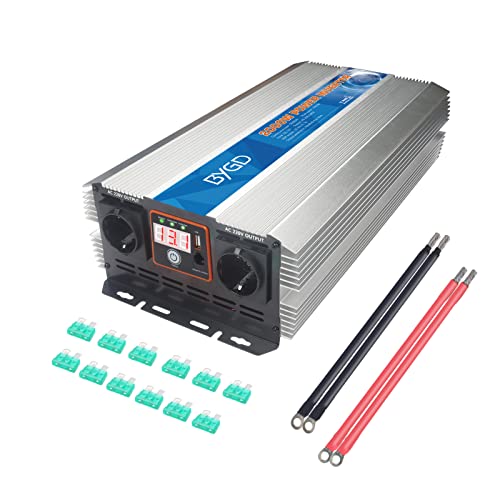 BYGD Spannungswandler 12v 230v, 2000W/4000W Wechselrichter 12v zu 230v Konverter Auto-Wechselrichter mit 2 AC-Steckdosen 1 USB-Anschluss und 12 Sicherungen von BYGD