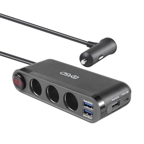 BYGD Zigarettenanzünder verteiler, 12v winkelstecker 18W Quick Charge kfz 12v verteiler,3 USB + Typ C Ports Ladegerät mit 3 Steckdosen Zigarettenanzünder Splitter und LED Spannungsanzeige von BYGD