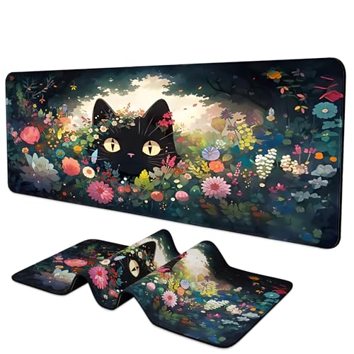 BYJUMB Gaming-Mauspad, erweiterte Tastaturmatte, Laptop-Mauspad für Zuhause, Büro und Gaming, großes 80 x 30 cm, Computer-Mauspad mit rutschfester Unterseite und genähten Kanten (Blumenkatze) von BYJUMB