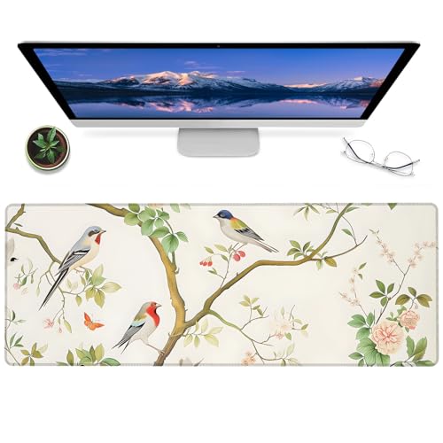 BYJUMB Gaming-Mauspad mit niedlichem Vogelmotiv, 30,5 x 80 cm, rutschfeste Gummi-Schreibtischunterlage mit Kirschblüten-, Schmetterlings- und Blumendesign, großes erweitertes Mauspad für Büro, Zuhause von BYJUMB