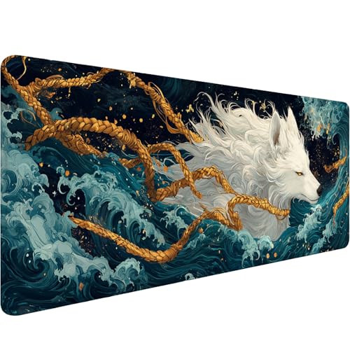 Japanische Mythologie Gaming-Mauspad, Anime, weißer Wolf, Wellen, Fantasie, erweitertes Gaming-Mauspad mit genähtem Rand, rutschfeste Unterseite, große Größe, 80 x 30 cm, Büro, Computer, Tastatur Japanische Mythologie Gaming-Mauspad, Anime, weißer Wolf, Wellen, Fantasie, erweitertes Gaming-Mauspad mit genähtem Rand, rutschfeste Unterseite, große Größe, 80 x 30 cm, Büro, Computer, Tastatur von BYJUMB