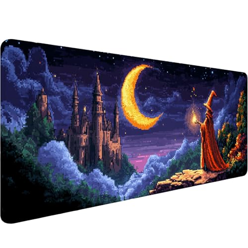 Pixel Art Schreibtischunterlage, Zauberer, magischer Mond, geheimnisvolles Schloss, großes Gaming-Mauspad mit genähten Kanten, rutschfeste, wasserdichte Gummiunterseite, Mauspad, 80 x 30 cm, Büro Pixel Art Schreibtischunterlage, Zauberer, magischer Mond, geheimnisvolles Schloss, großes Gaming-Mauspad mit genähten Kanten, rutschfeste, wasserdichte Gummiunterseite, Mauspad, 80 x 30 cm, Büro von BYJUMB