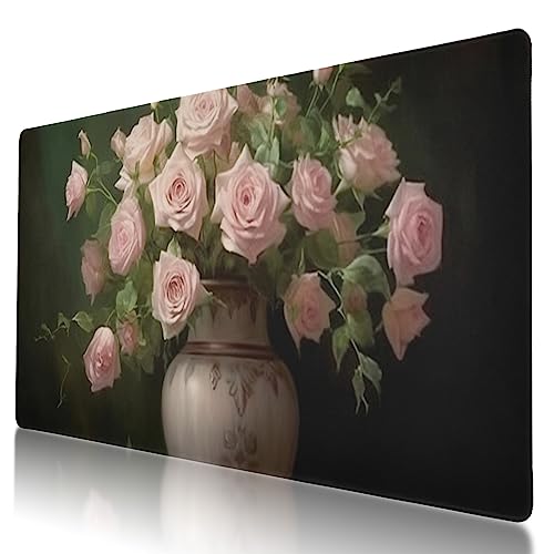 Vase voller altrosa Rosen inspiriertes Design, großes Mauspad, 80 x 40 cm, rutschfeste Unterseite, genähte Kanten, perfekt für Gaming oder Büro Vase voller altrosa Rosen inspiriertes Design, großes Mauspad, 80 x 40 cm, rutschfeste Unterseite, genähte Kanten, perfekt für Gaming oder Büro von BYJUMB