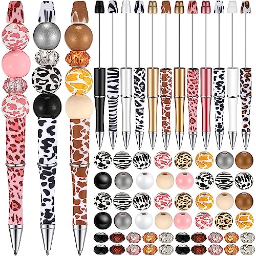 BYNYXI 12 PCS Perlen Kugelschreiber Set, Kunststoff Kugelschreiber mit Leopard Zebra Print Holzperlen Ballpoint Pen Cute Perlenstifte Druckkugelschreiber für Geschenke Studenten Büro Schulbedarf von BYNYXI