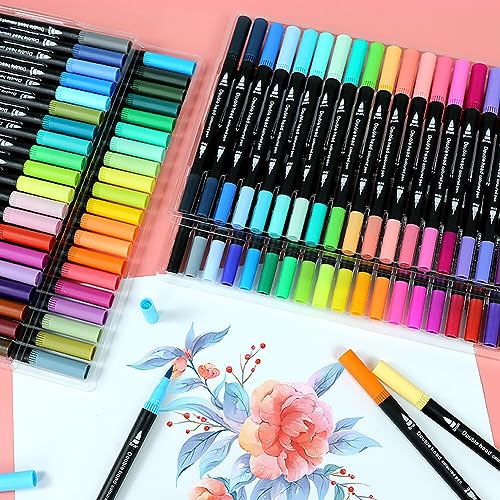 BYNYXI 24 Farben Aquarellstifte, Doppelkopf Farbstift 1-2mm Pinselspitze 0.4mm Textmarker Stift Set Künstlerische Konturenstifte feine Spitze Pinsel Stift für Lettering Zeichnung Journaling Schreiben von BYNYXI
