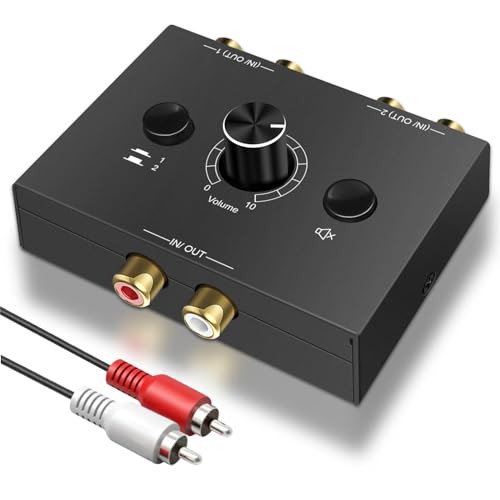 BYZESTY Stereo Audio Switch 2(1)-In-1(2)-Out, Analog Stereo Bidirektionaler Umschalter mit Volume Control, R/L Stereo Audio Schalter Splitter Box für DVD Stereo PC Lautsprecher CD Player Phono Amp von BYZESTY