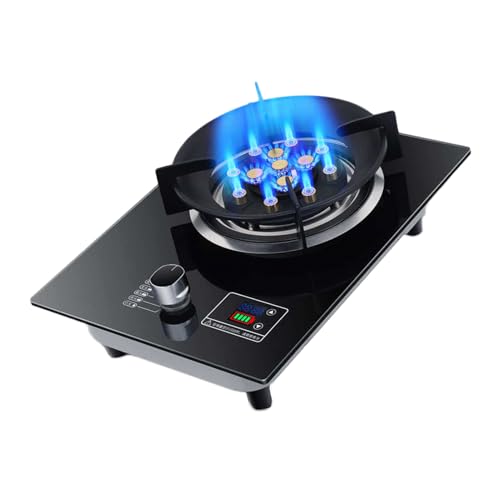 BZJPRFC Gaskocher Mit 1 Brenner, 5,2 KW, 9-Kammer-Feuerring-Bratpfanne, Kochen Am Esstisch Aus Gehärtetem Glas, Mit Flammendurchschlagschutz Und Timer, Umstellung Auf Erdgas/LPG(LPG) von BZJPRFC