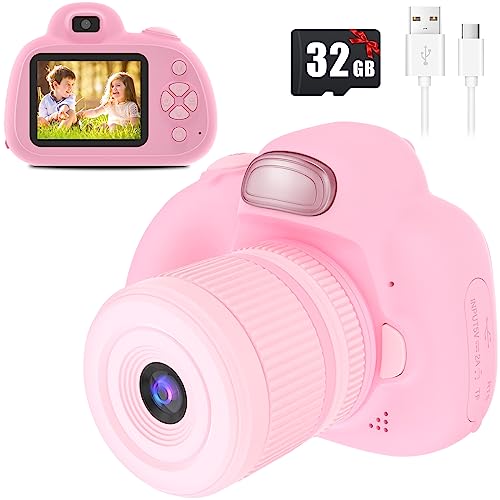 BaFuland Kinderkamera, Geburtstagsgeschenk für Jungen und Mädchen von 3 bis 10 Jahren, Mini DSLR 2,4 Zoll, Digitalkamera für Kinder mit Blitz, 32 GB SD-Karte (Rosa) von BaFuland
