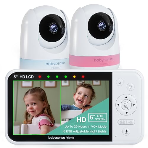 Babysense Prisma 5" HD-Video-Babyphone mit 2 Kameras und Audio, 6-Farben-Nachtlicht, geteiltem Bildschirm, Baby-Soundmaschine mit weißem Rauschen und Schlafliedern, sichere No-WiFi-Verbindung. Babysense Prisma 5" HD-Video-Babyphone mit 2 Kameras und Audio, 6-Farben-Nachtlicht, geteiltem Bildschirm, Baby-Soundmaschine mit weißem Rauschen und Schlafliedern, sichere No-WiFi-Verbindung. von Babysense