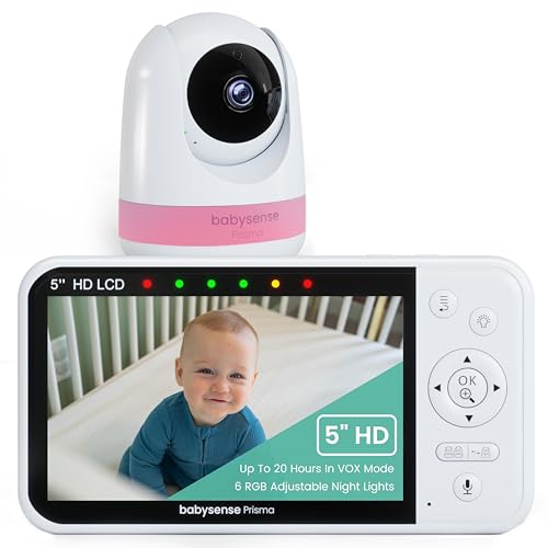 Babysense Prisma Babyphone mit Kamera und Audio, 5" HD-Video-Babyphone, 6-Farben-Nachtlicht, geteilter Bildschirm, Baby-Sound-Maschine mit weißem Rauschen & Schlafliedern, sicher ohne WiFi von Babysense