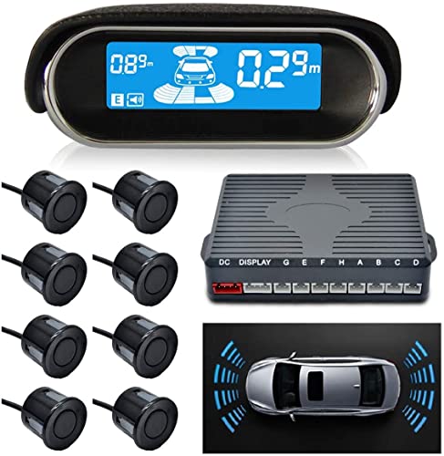 Baceyong Parksensor Dual-Core-Rückfahrradarsystem mit Vorder- und Rückansicht N8P4L LCD-Display-Kit Vier-Sprachig schaltbar mit 8 schwarzen Sensoren von Baceyong