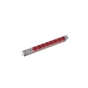 Bachmann 48,30cm (19)-Steckdosenleiste ALU, 8-fach, für USV Mit IEC Kaltgerätestecker C14 (für USV-Anlagen), 8 rote Schutzkontakt-Steckdosen, ohne Schalter, 1HE, lichtgrau RAL7035, 2 m Kabel, Mit 10 A Feinsicherung (333.410) von Bachmann