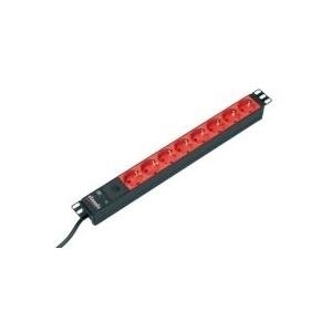 Bachmann 48,30cm (19)-Steckdosenleiste ALU, 8-fach, für USV mit IEC-Kaltgerätestecker IEC320 C14 (für USV-Anlagen), Zuleitung 2 m, 1HE, schwarz, 8 rote Schutzkontakt-Steckdosen, ohne Schalter, Mit 10 A Feinsicherung (333.538) von Bachmann