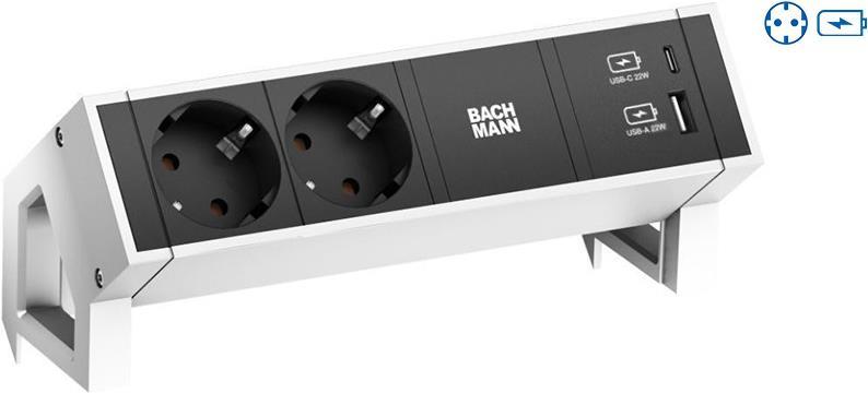 Bachmann DESK2 Steckdosenleiste, Farbe weiss, ähnlich RAL9010, 2xSchutzkontaktsteckdosen schwarz, 1xUSB A&C 22W Lader, Zuleitung 0,2m H05VV-F3G1,5mm² schwarz mit GST18i3 Stecker, inkl. Haltewinkel, verpackt im Karton (902.932) von Bachmann