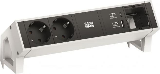 Bachmann DESK2 Steckdosenleiste Farbe weiss, ähnlich RAL9010 mit erhöhtem Berührungsschutz 2xSchutzkontaktsteckdosen schwarz 1xUSB A&C 22W Charger 1xCustom Modul leer Zuleitung 0,2m H05VV-F3G1,5mm² schwarz mit GST18i3 Stecker inkl. Haltewinkel Logo verpac (902.935) Bachmann DESK2 Steckdosenleiste Farbe weiss, ähnlich RAL9010 mit erhöhtem Berührungsschutz 2xSchutzkontaktsteckdosen schwarz 1xUSB A&C 22W Charger 1xCustom Modul leer Zuleitung 0,2m H05VV-F3G1,5mm² schwarz mit GST18i3 Stecker inkl. Haltewinkel Logo verpac (902.935) von Bachmann