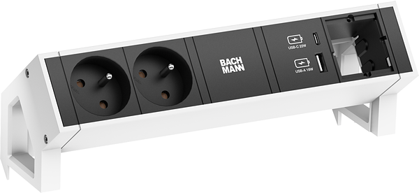 Bachmann DESK2 Steckdosenleiste Farbe weiss, ähnlich RAL9010 mit erhöhtem Berührungsschutz 2xUTE 35° Steckdosen, schwarz 1xUSB A&C 22 Charger 1xCustom Modul leer Zuleitung 0,2m H05VV-F3G1,5mm² schwarz mit GST18i3 Stecker inkl. Haltewinkel Logo verpackt im (902.953) Bachmann DESK2 Steckdosenleiste Farbe weiss, ähnlich RAL9010 mit erhöhtem Berührungsschutz 2xUTE 35° Steckdosen, schwarz 1xUSB A&C 22 Charger 1xCustom Modul leer Zuleitung 0,2m H05VV-F3G1,5mm² schwarz mit GST18i3 Stecker inkl. Haltewinkel Logo verpackt im (902.953) von Bachmann