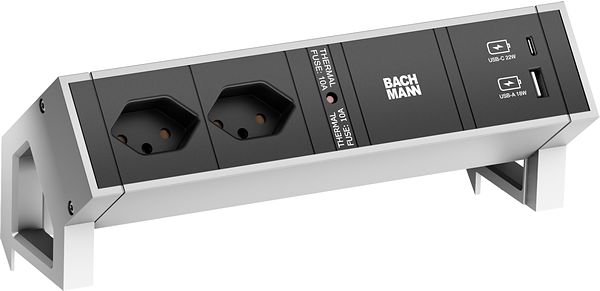 Bachmann DESK2 Steckdosenleiste INOX mit erhöhtem Berührungsschutz 2xCH T13 Steckdosen Schweiz, schwarz inkl. Thermosicherung 1xUSB A&C 22W Charger Zuleitung 0,2m H05VV-F3G1,5mm² schwarz mit GST18i3 Stecker inkl. Haltewinkel Logo verpackt im Karton (902.907) Bachmann DESK2 Steckdosenleiste INOX mit erhöhtem Berührungsschutz 2xCH T13 Steckdosen Schweiz, schwarz inkl. Thermosicherung 1xUSB A&C 22W Charger Zuleitung 0,2m H05VV-F3G1,5mm² schwarz mit GST18i3 Stecker inkl. Haltewinkel Logo verpackt im Karton (902.907) von Bachmann