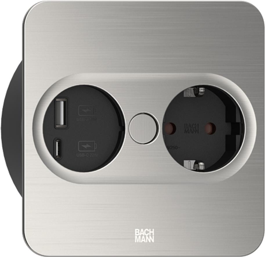 Bachmann TWIST 2 Metallische Abdeckscheibe eckig, Edelstahl-Optik, 1xSchutzkontaktsteckdose schwarz mit erhöhtem Berührungsschutz, 1xUSB A/C 22W Charger, Zuleitung 2,0m H05VV-F3G1,5mm² schwarz mit Aderendhülsen und beigelegtem Schutzkontakt-Montagestecker, verpack (946.005) Bachmann TWIST 2 Metallische Abdeckscheibe eckig, Edelstahl-Optik, 1xSchutzkontaktsteckdose schwarz mit erhöhtem Berührungsschutz, 1xUSB A/C 22W Charger, Zuleitung 2,0m H05VV-F3G1,5mm² schwarz mit Aderendhülsen und beigelegtem Schutzkontakt-Montagestecker, verpack (946.005) von Bachmann