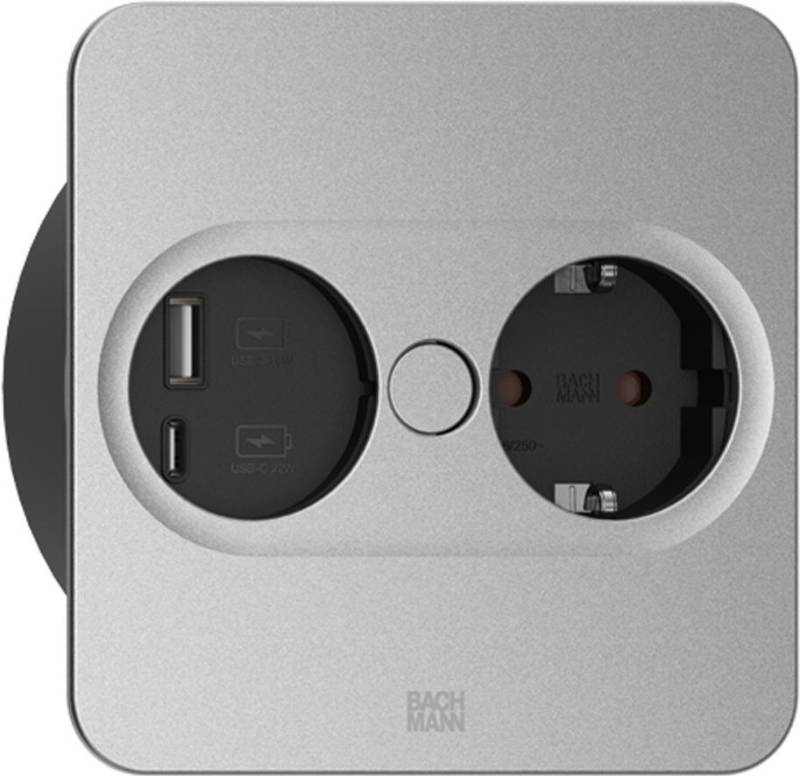 Bachmann TWIST 2 Metallische Abdeckscheibe eckig, schwarz matt, ähnlich RAL 9005 30GE seidenmatt, 1xSchutzkontaktsteckdose schwarz mit erhöhtem Berührungsschutz, 1xUSB A/C 22W Charger, Zuleitung 2,0m H05VV-F3G1,5mm² schwarz mit Aderendhülsen und beigelegtem Schutz (946.105) von Bachmann