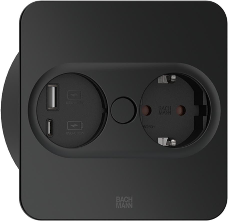 Bachmann TWIST 2 Metallische Abdeckscheibe eckig, weiß matt, ähnlich RAL 9010 30GE seidenmatt, 1xSchutzkontaktsteckdose schwarz mit erhöhtem Berührungsschutz, 1xUSB A/C 22W Charger, Zuleitung 2,0m H05VV-F3G1,5mm² schwarz mit Aderendhülsen und beigelegtemSchutz (946.205) Bachmann TWIST 2 Metallische Abdeckscheibe eckig, weiß matt, ähnlich RAL 9010 30GE seidenmatt, 1xSchutzkontaktsteckdose schwarz mit erhöhtem Berührungsschutz, 1xUSB A/C 22W Charger, Zuleitung 2,0m H05VV-F3G1,5mm² schwarz mit Aderendhülsen und beigelegtemSchutz (946.205) von Bachmann