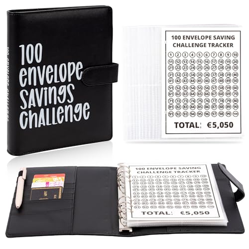 Beginner Budget Binder, Spar Challenge für Budget Planer, Geld Sparen Challenge, 100 Envelope Challenge 5050€ Sparchallenge Budgetplaner Karten Challengers Geld Planer Cash Stuffing Zubehör (Schwarz) von Bafiwu