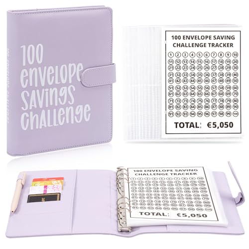 Beginner Budget Binder, Spar Challenge für Budget Planer, Geld Sparen Challenge, 100 Envelope Challenge 5050€ Sparchallenge Budgetplaner Karten Challengers Geld Planer Cash Stuffing Zubehör (Lila) von Bafiwu