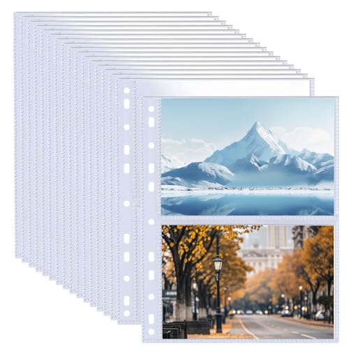 50er Pack A4 Fotohüllen mit 200 Fächern für 2/3/4-Ringordner, Transparente Postkartenhüllen mit 2 Fächern, Klarsichthüllen a4, Top Loading Nachfüllseiten für Fotoalben (219x152 mm). von Bafumiu