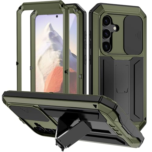 BaiWeiDun Kompatibel mit Samsung Galaxy S24 5G Metall Ständer hülle, mit Halterung und Kameraschutz Outdoor Stoßfeste Case Kameraschutz mit Slide Camera(Grün) von BaiWeiDun